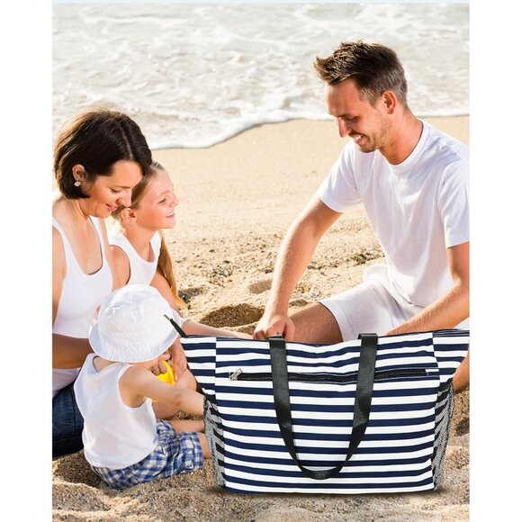 Women's Blue Stripe Tote Bag Large Utility Bag with Pockets Zip for Teacher Work - Picture 7 of 7